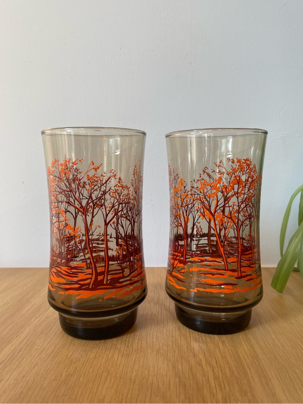 Vintage 1970s Libbey St. Clair Smoked Amber Glass Tumblers Orange Trees Set of 2